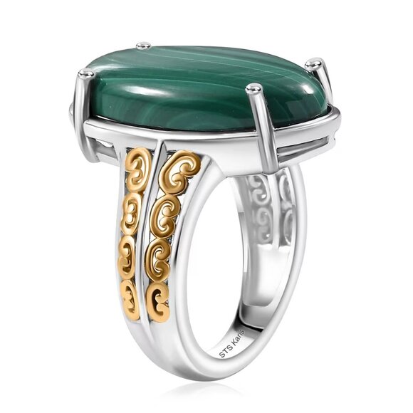 Women's African Green Malachite Solitaire Silvertone Ring in Size 8 - Picture 3 of 4